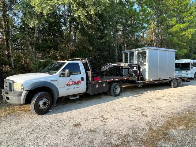 White Force 1 flatbed towing a security booth on a gooseneck trailer